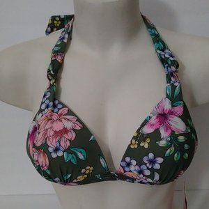 Hula Honey Juniors Bikini Top Green Pink Floral Halter Tie Small